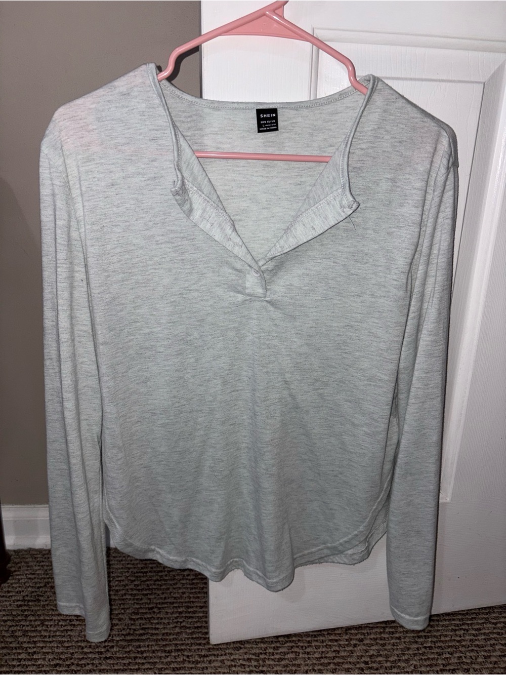 SHEIN Heather Light Gray Long Sleeve Notch Henley Top